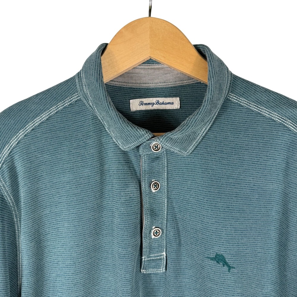 Tommy Bahama Long Sleeve Polo Shirt Mens L Teal Blue Striped Tencel Modal